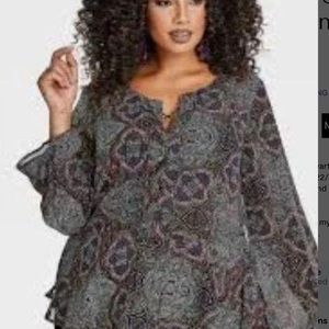 Ashley Stewart Sheer Paisley Lace-Up Peplum Top Sz 18-20